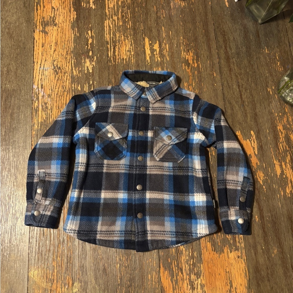Eddie Bauer Boys 4/5T Blue&Tan Extra Soft, Sherpa Lined Plaid Button Down Shirt